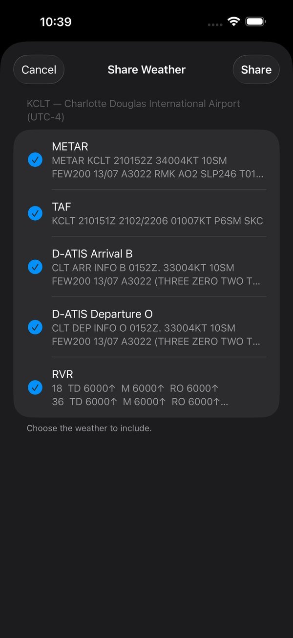 SimpleAvWx Share Weather sheet for KCLT with METAR, TAF, D-ATIS Arrival, D-ATIS Departure and RVR all checked, and Cancel and Share buttons.