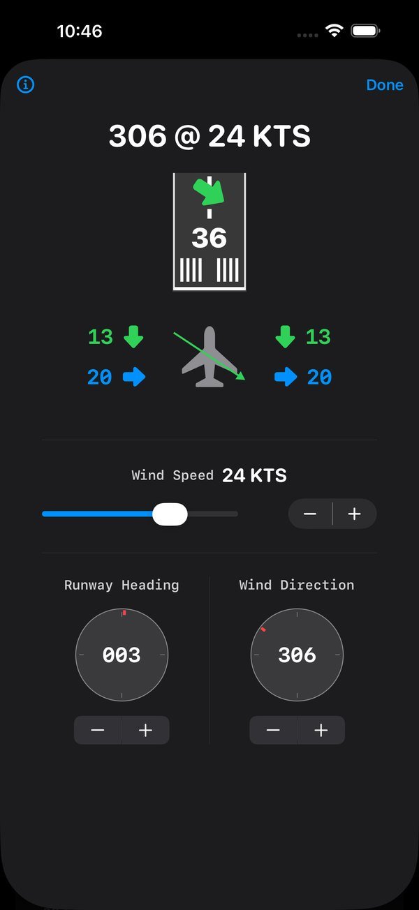 SimpleAvWx Crosswind Calculator in dark mode: wind 306 at 24 knots on runway 36, showing 13-knot headwind and 20-knot crosswind components, with wind speed, runway heading and wind direction controls.